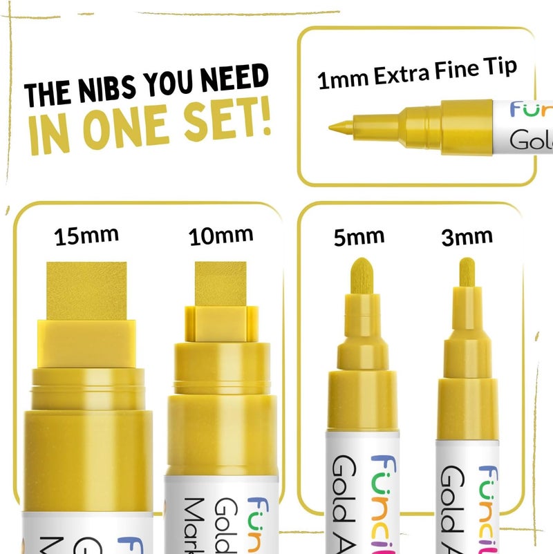 Funcils 5 Acrylic Gold Paint Pen Metallic - Gold Marker Metallic Paint for Wood, Fabric, Canvas, Leaf, Tire, Metal, Glass - Permanent Pen Fine Tip, Thin Point & Jumbo (1mm, 3mm, 6mm, 10mm, 15mm) - Image 2